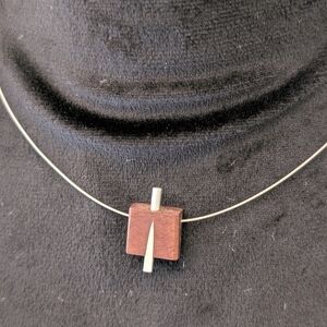 Vintage Silver and Brown Wood Pendant Necklace
